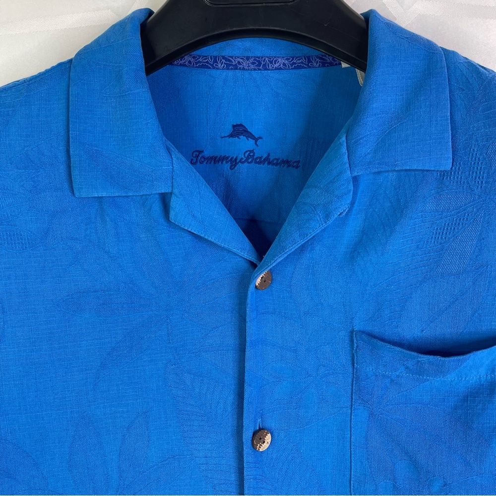 Tommy Bahama 100% Silk Short Sleeve Button Up Shirt Mens Medium Royal Blue